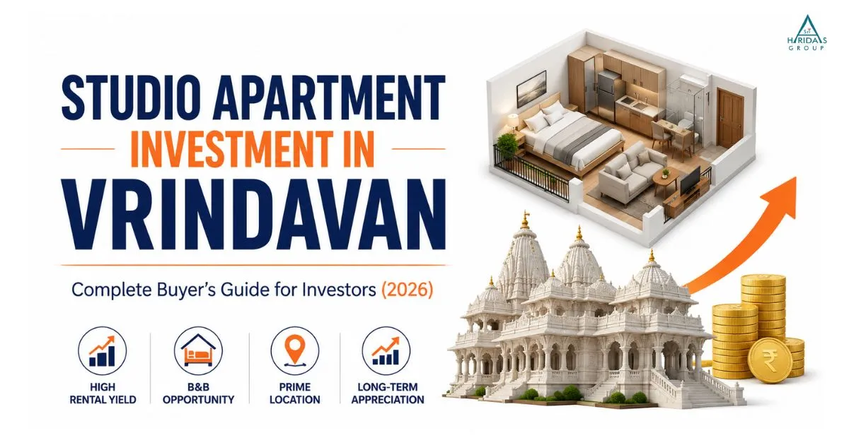 Studio Apartment Investment in Vrindavan complete buyer's guide for investors featuring a modern studio apartment, Prem Mandir, and real estate investment growth.